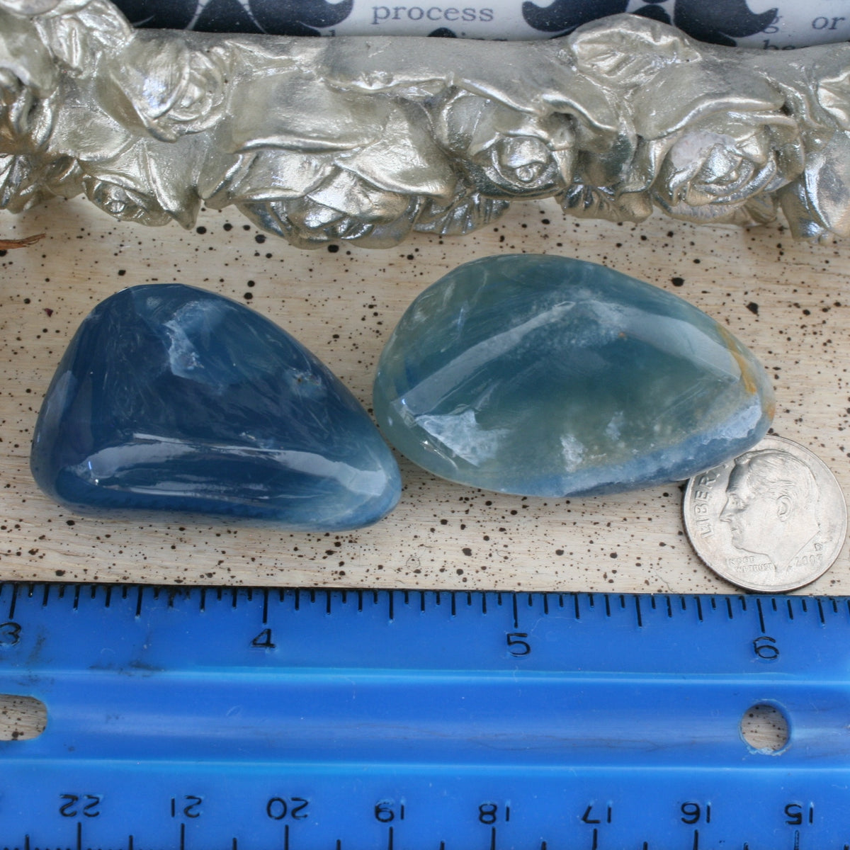 Set of 2 Blue Calcite / Blue Onyx Tumbled Stone from Argentina, also called Lemurian Aquatine Calcite, TUM20
