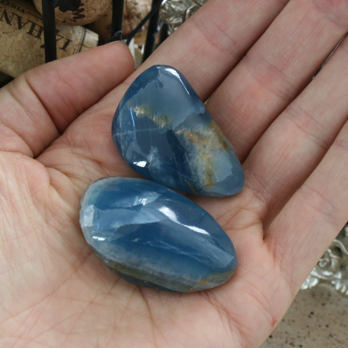 Set of 2 Blue Calcite / Blue Onyx Tumbled Stone from Argentina, also called Lemurian Aquatine Calcite, TUM20