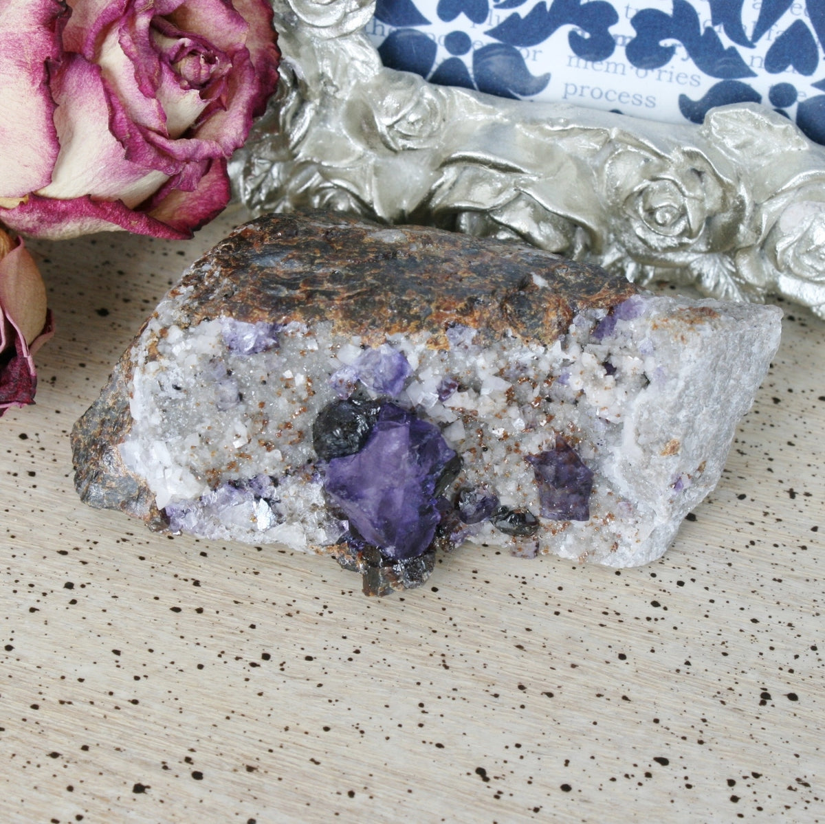 Purple Fluorite Cube Crystal with Dolomite & Sphalerite on Limonite, 170.5 gm