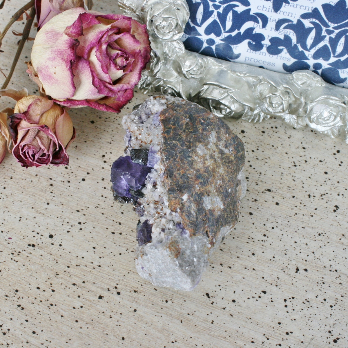 Purple Fluorite Cube Crystal with Dolomite & Sphalerite on Limonite, 170.5 gm