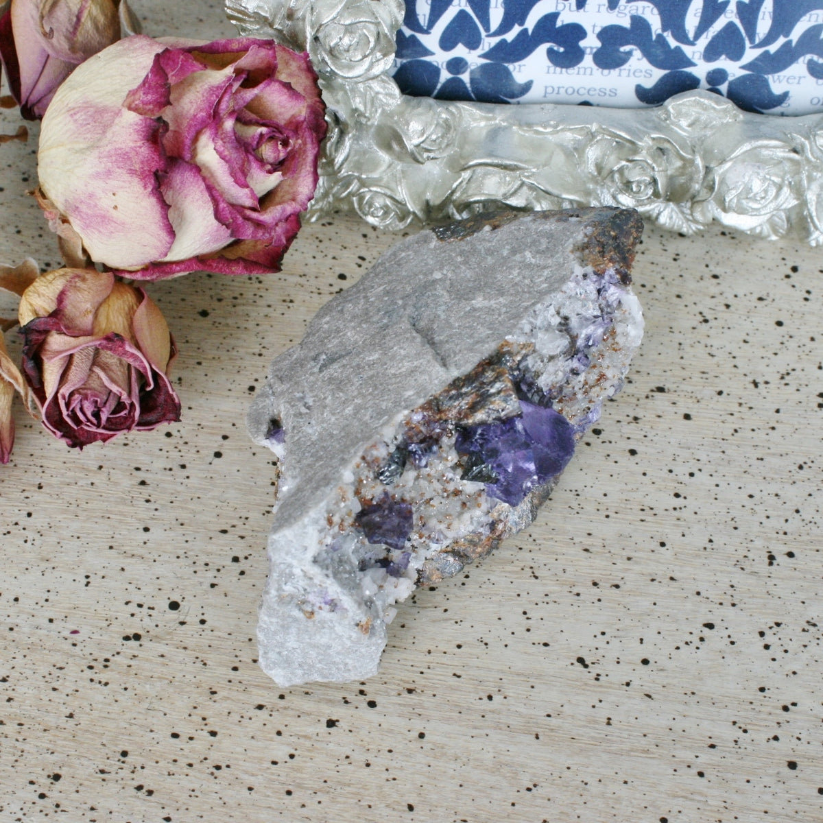 Purple Fluorite Cube Crystal with Dolomite & Sphalerite on Limonite, 170.5 gm