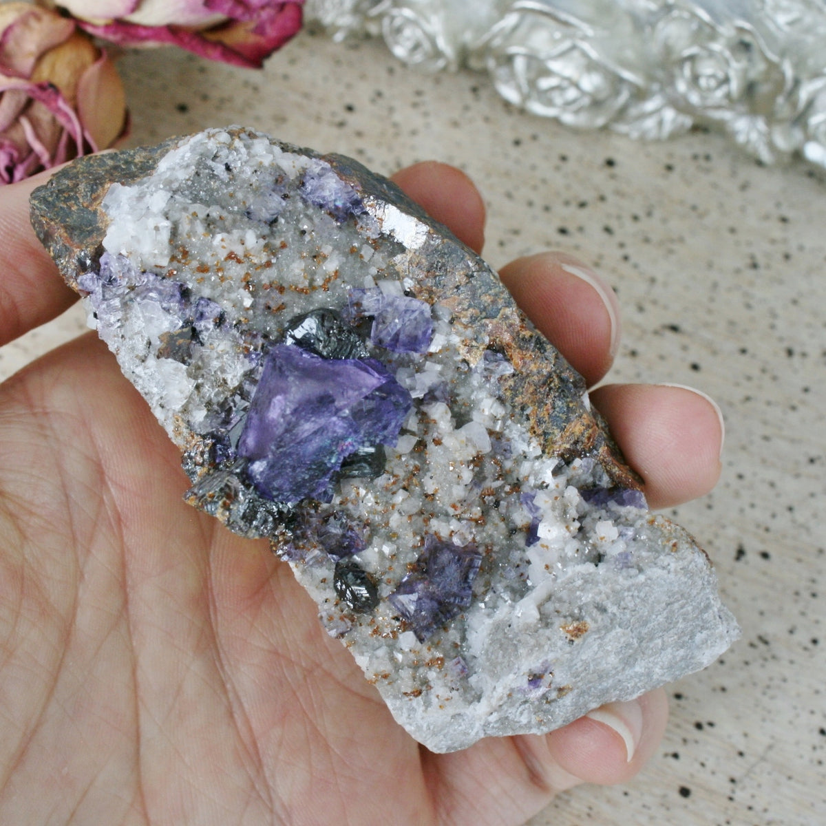 Purple Fluorite Cube Crystal with Dolomite & Sphalerite on Limonite, 170.5 gm