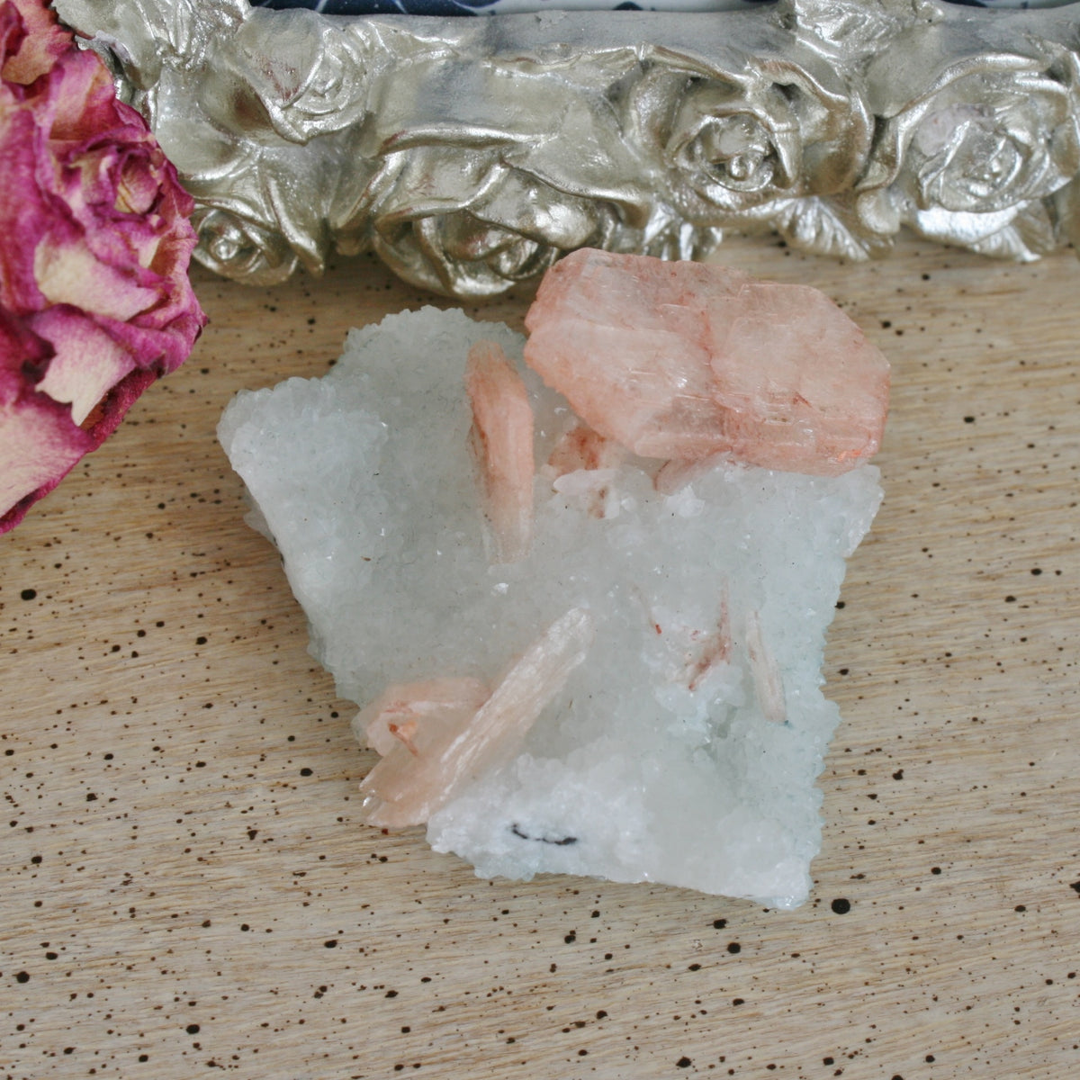 Peach Stilbite on Druse Quartz Stalctites Crystal, 54.3 gm