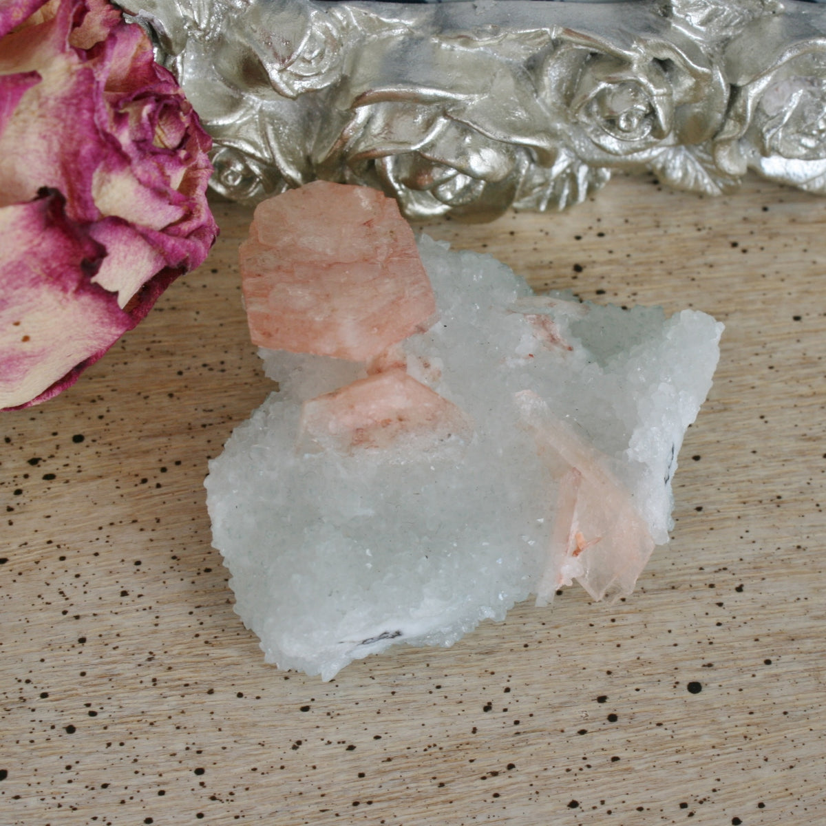 Peach Stilbite on Druse Quartz Stalctites Crystal, 54.3 gm