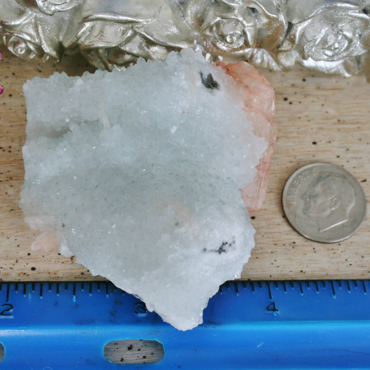 Peach Stilbite on Druse Quartz Stalctites Crystal, 54.3 gm