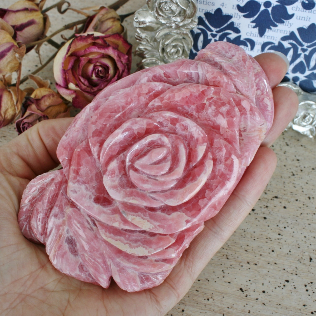 Rhodochrosite Rose Carving from Argentina, 234.5 grams
