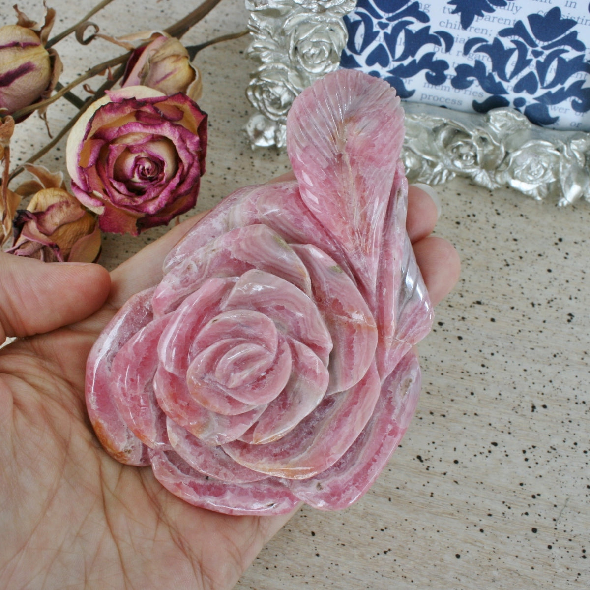 Rhodochrosite Rose Carving from Argentina, 207.9 grams