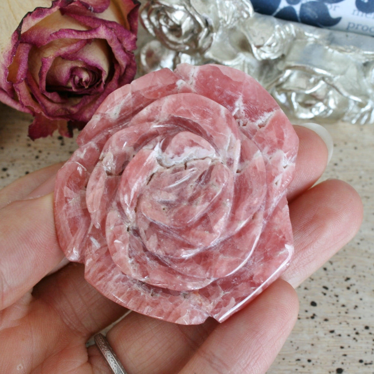 Rhodochrosite Rose Carving from Argentina, 82.3 grams