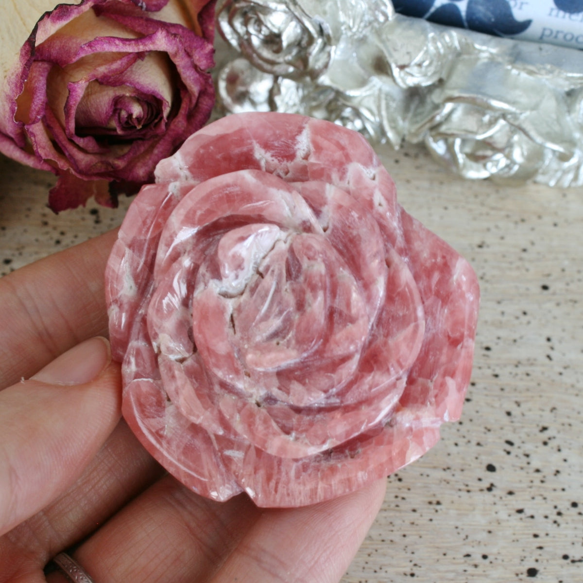 Rhodochrosite Rose Carving from Argentina, 82.3 grams