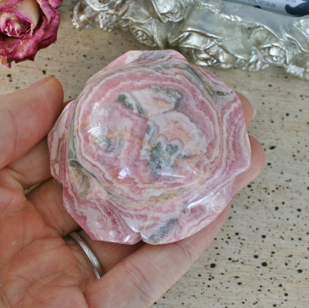 Rhodochrosite Rose Carving from Argentina, 143.3 grams