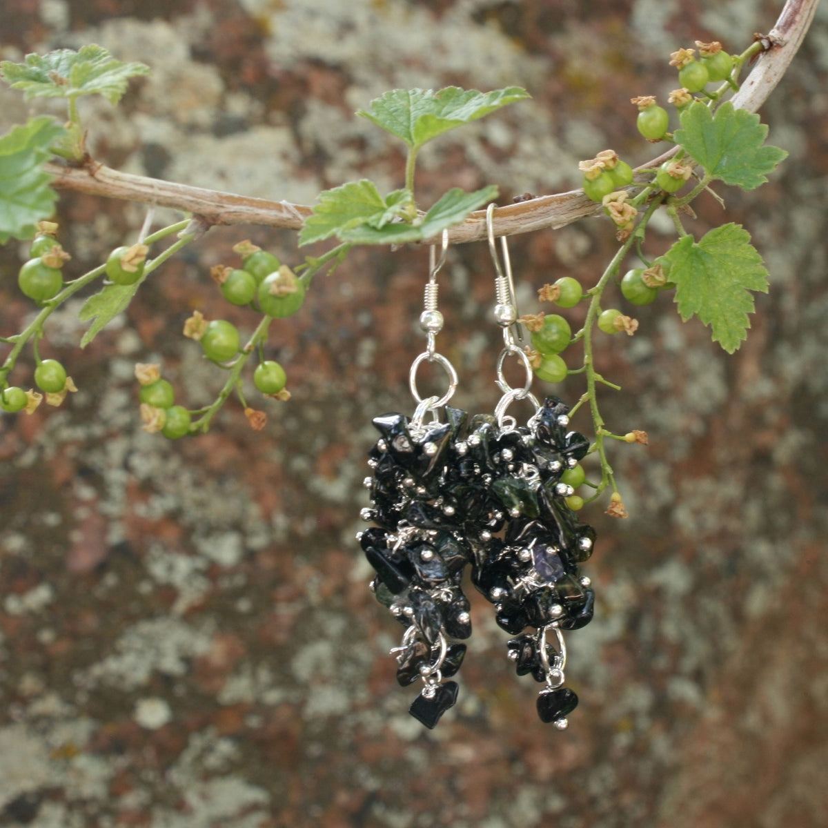 Black/Dark Green Tourmaline Grape Chip Earrings