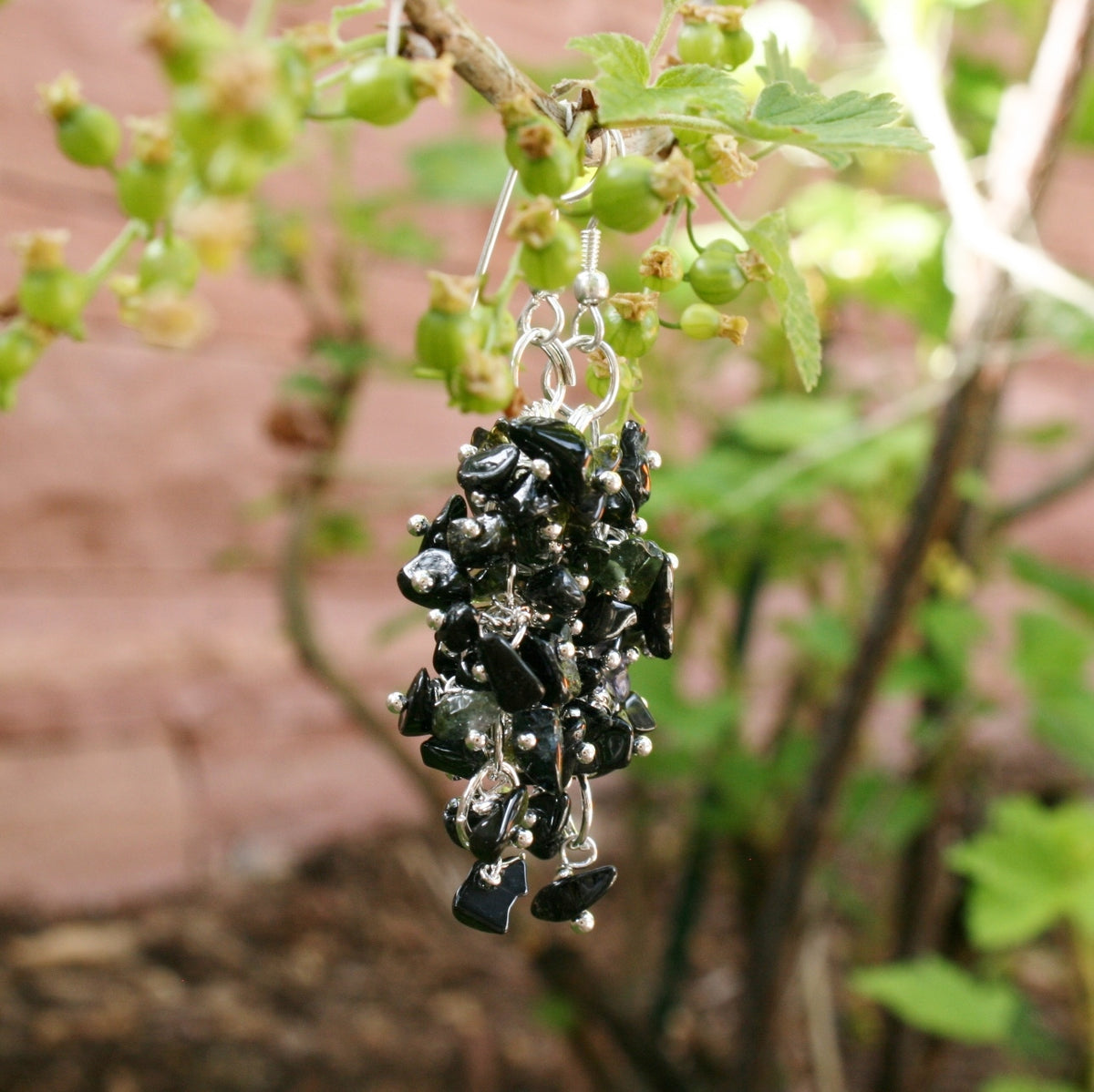 Black/Dark Green Tourmaline Grape Chip Earrings