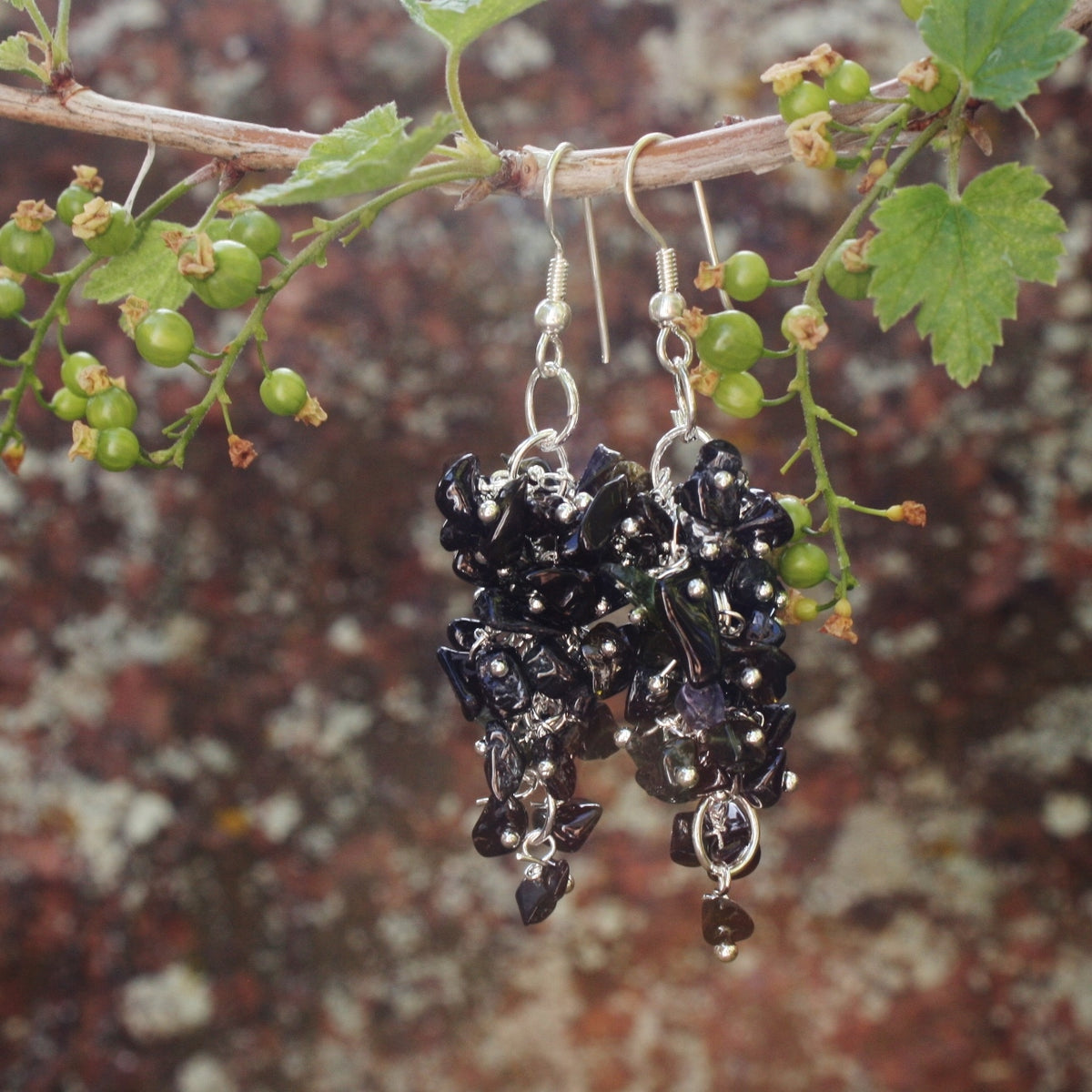 Black/Dark Green Tourmaline Grape Chip Earrings