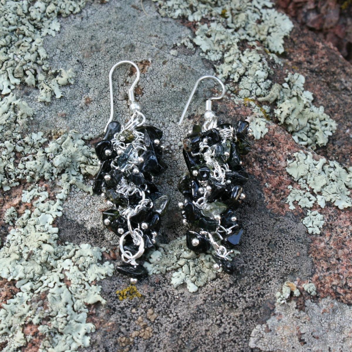 Black/Dark Green Tourmaline Grape Chip Earrings