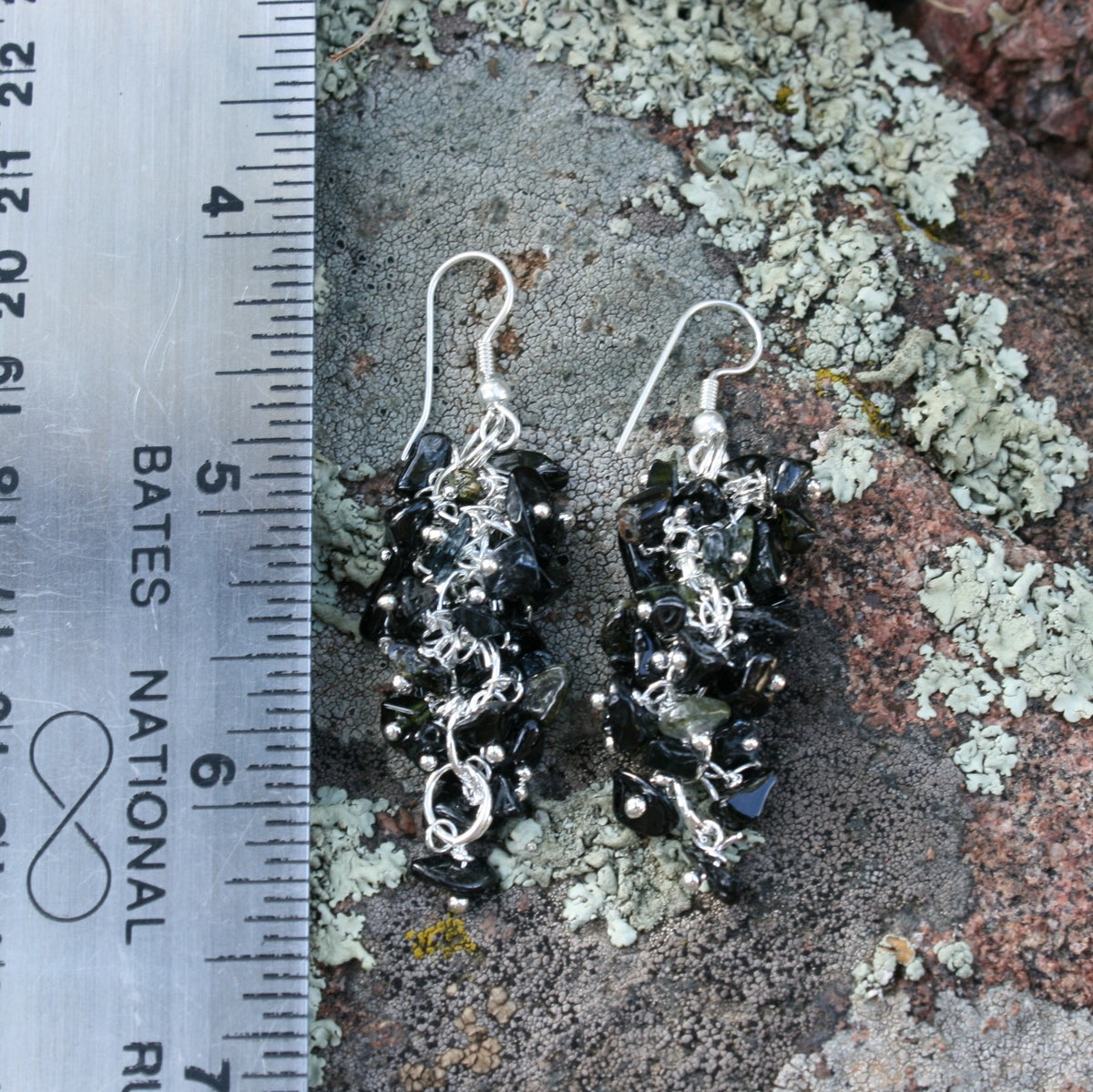 Black/Dark Green Tourmaline Grape Chip Earrings