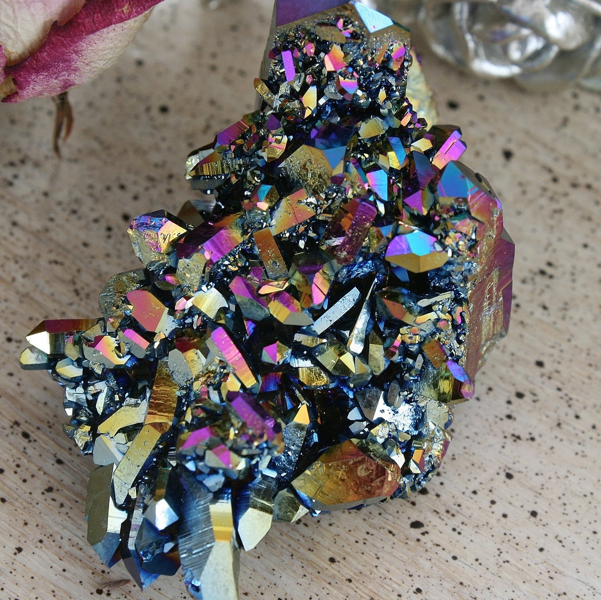 Flame Aura Quart Crystal Cluster from Arkansas, Titanium plated, 62.3 grams