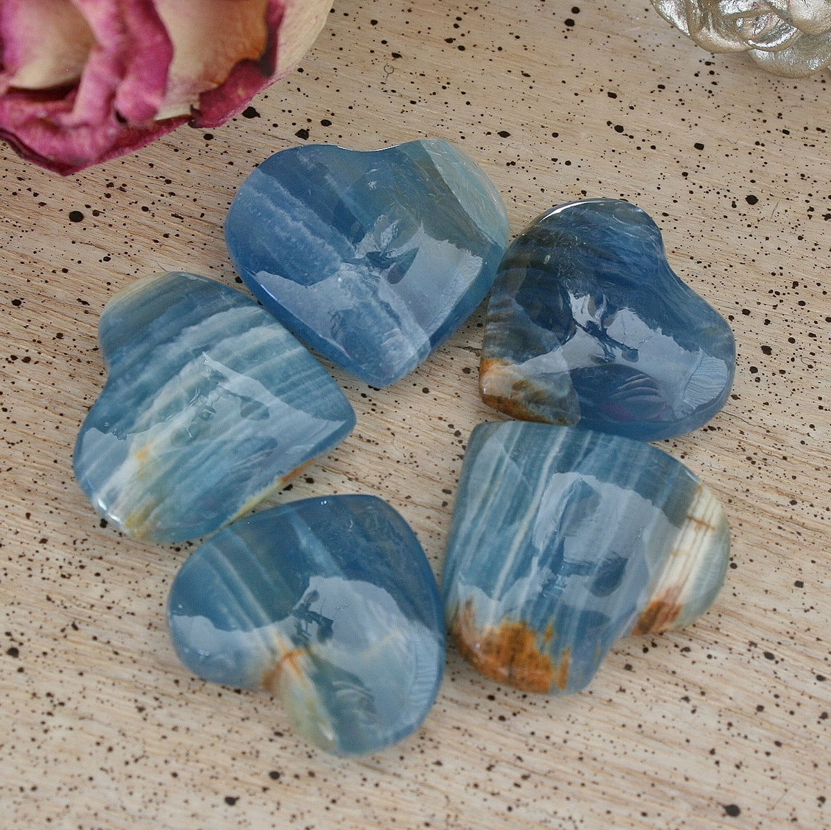 Blue Calcite Heart with Banding from Argentina, also called Blue Onyx or Lemurian Aquatine Calcite A Grade