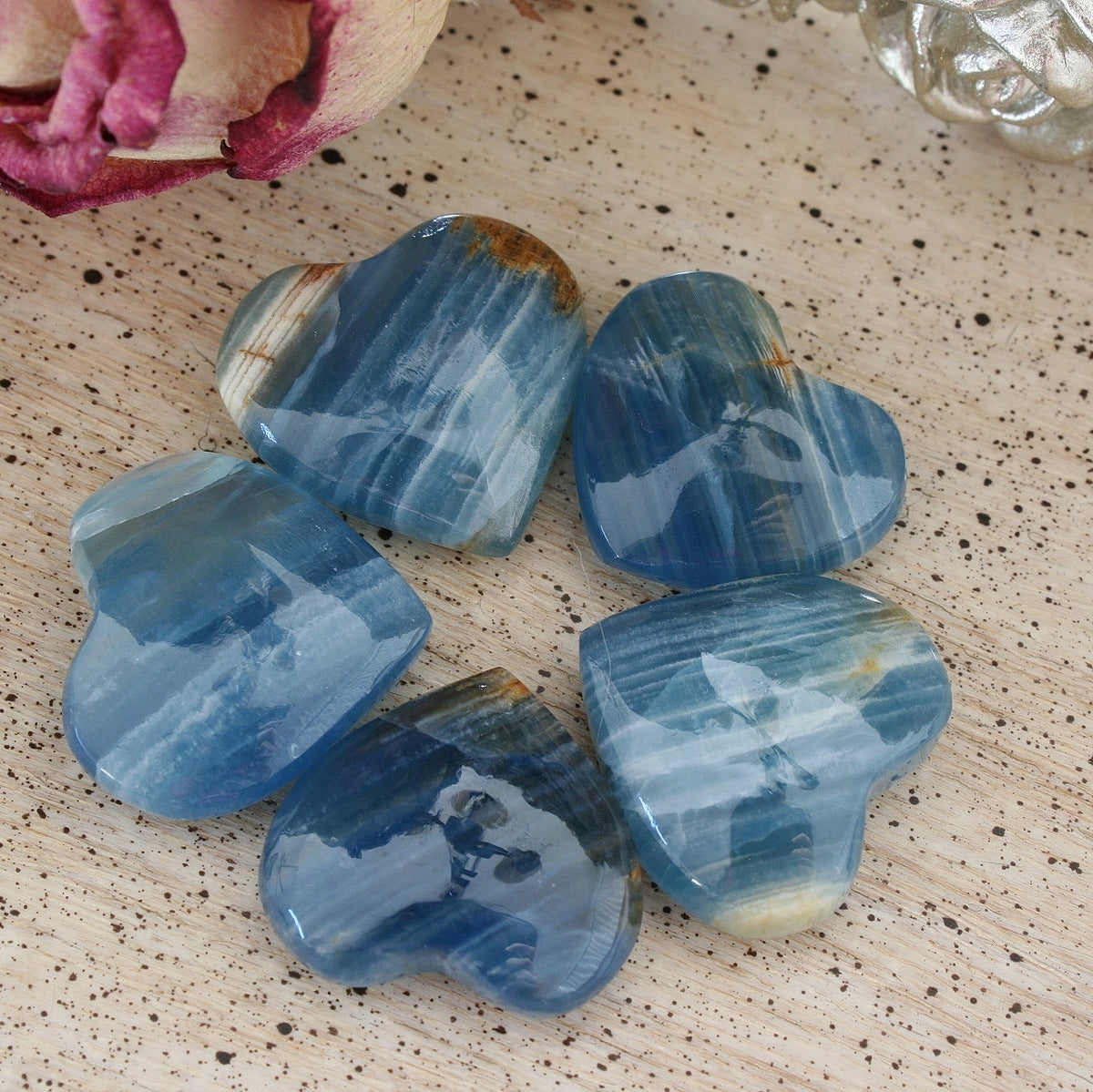 Blue Calcite Heart with Banding from Argentina, also called Blue Onyx or Lemurian Aquatine Calcite A Grade