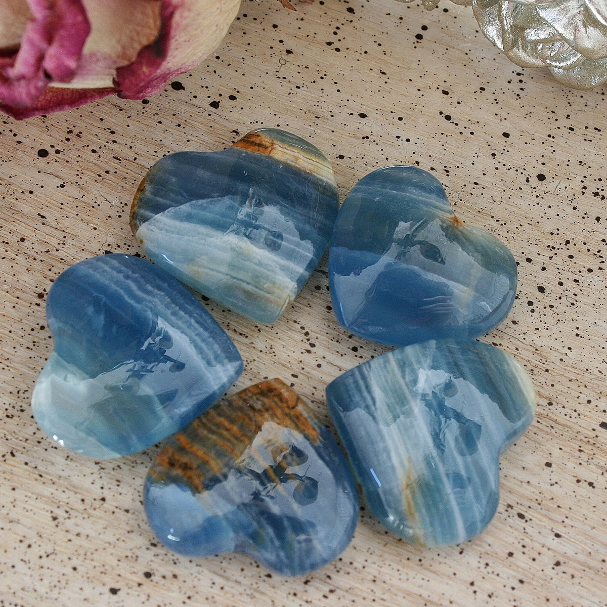 Blue Calcite Heart with Banding from Argentina, also called Blue Onyx or Lemurian Aquatine Calcite A Grade