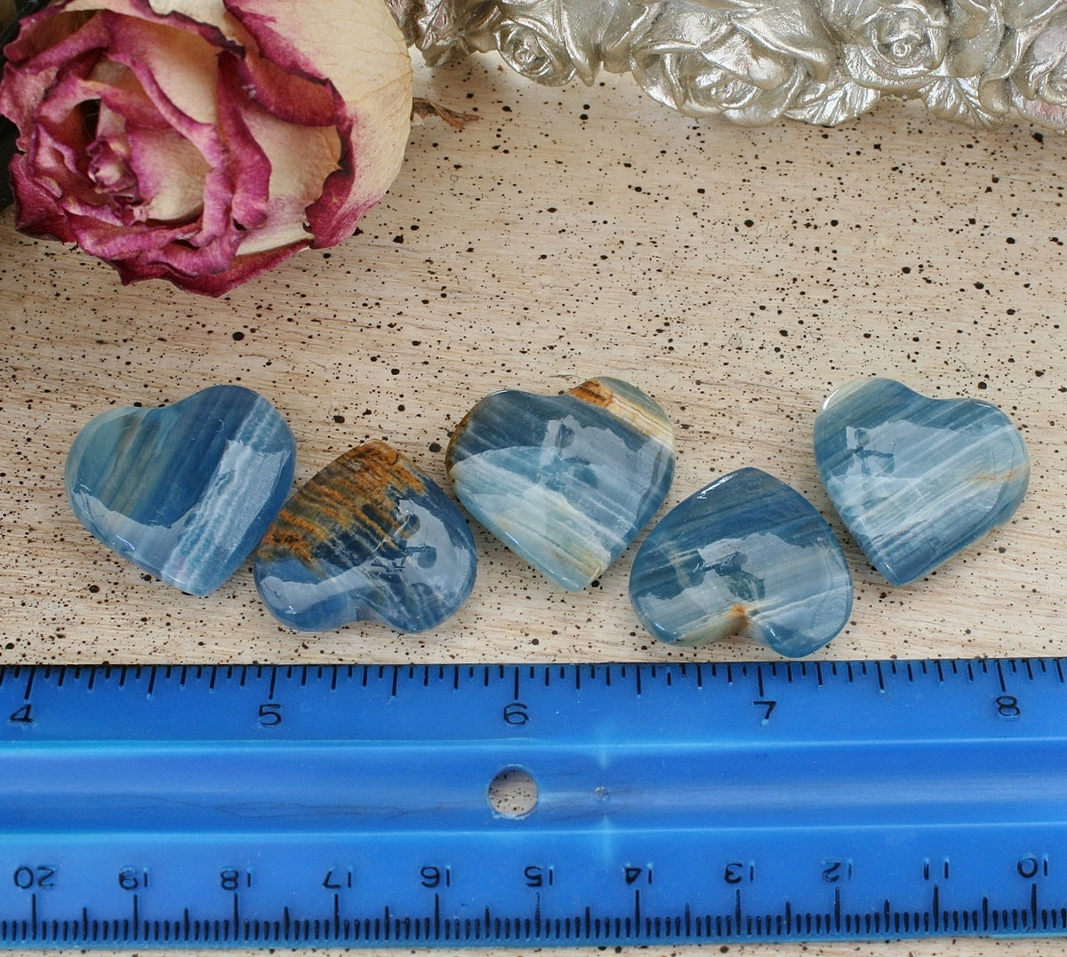 Blue Calcite Heart with Banding from Argentina, also called Blue Onyx or Lemurian Aquatine Calcite A Grade