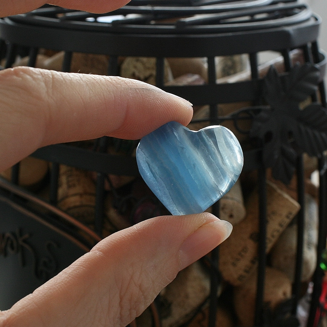 Blue Calcite Heart with Banding from Argentina, also called Blue Onyx or Lemurian Aquatine Calcite A Grade