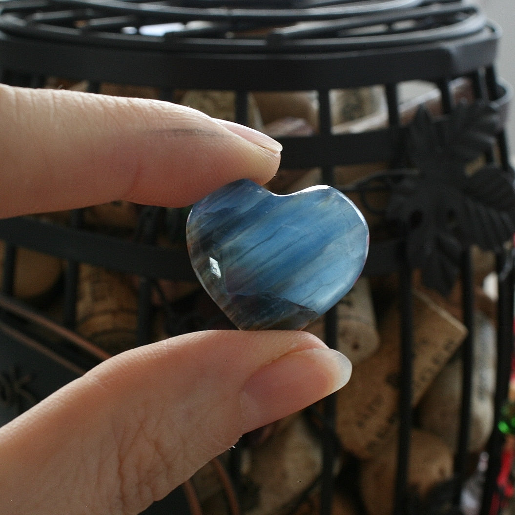 Blue Calcite Heart with Banding from Argentina, also called Blue Onyx or Lemurian Aquatine Calcite A Grade