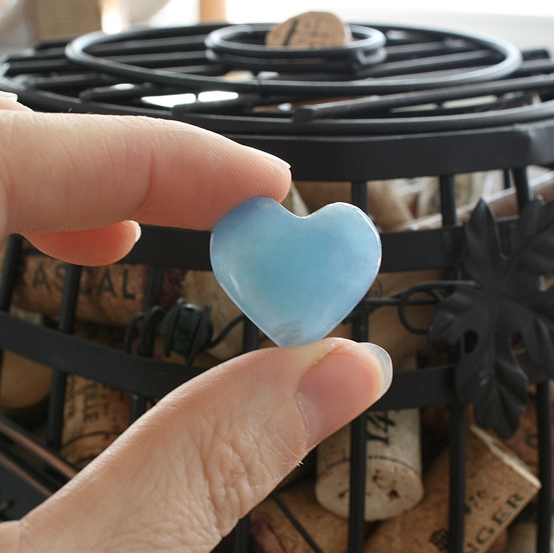 Blue Calcite Crystal Heart from Argentina, also called Blue Onyx or Lemurian Aquatine Calcite Grade A