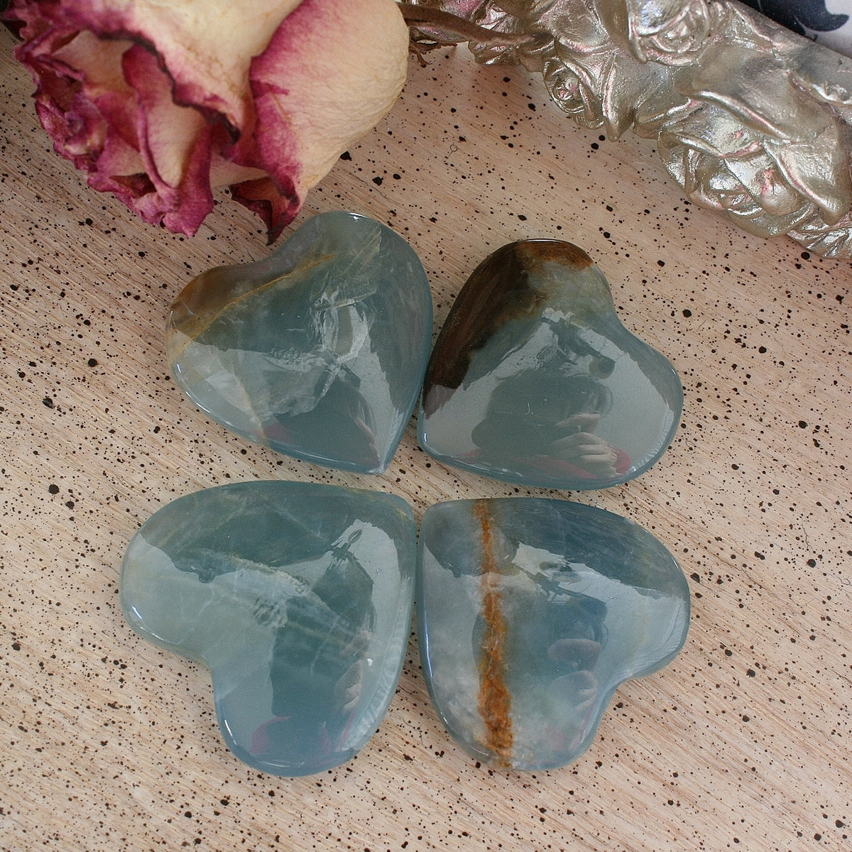 Blue Calcite Heart from Argentina, also called Blue Onyx or Lemurian Aquatine Calcite, MEDH2