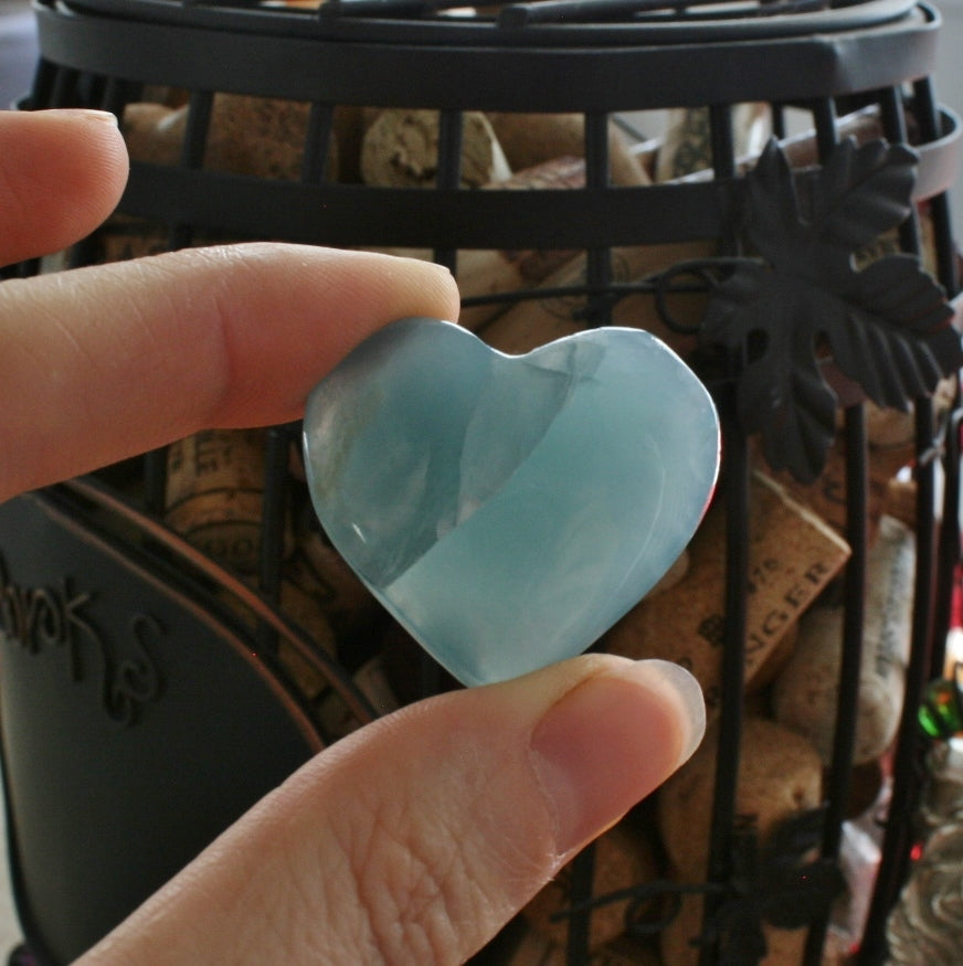 Blue Calcite Heart from Argentina, also called Blue Onyx or Lemurian Aquatine Calcite, MEDH3