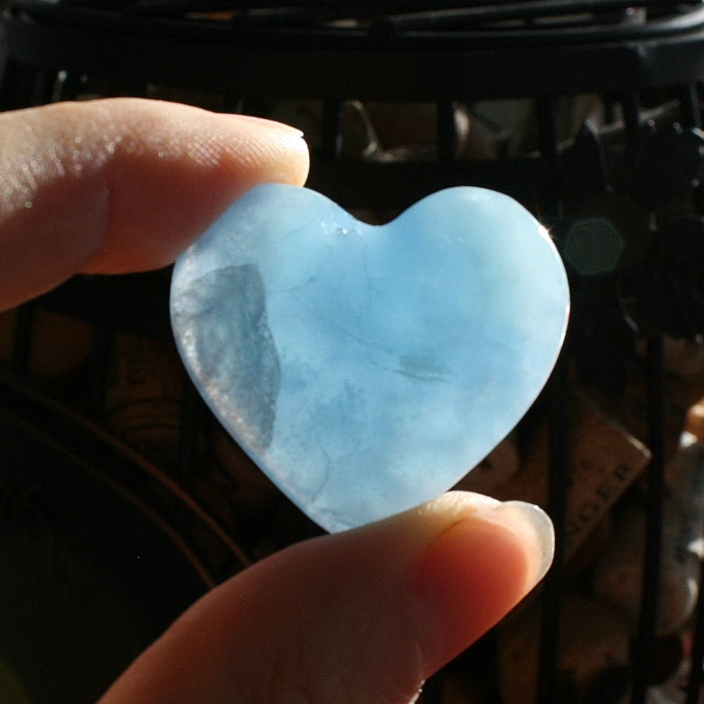 Blue Calcite Heart from Argentina, also called Blue Onyx or Lemurian Aquatine Calcite, MEDH4