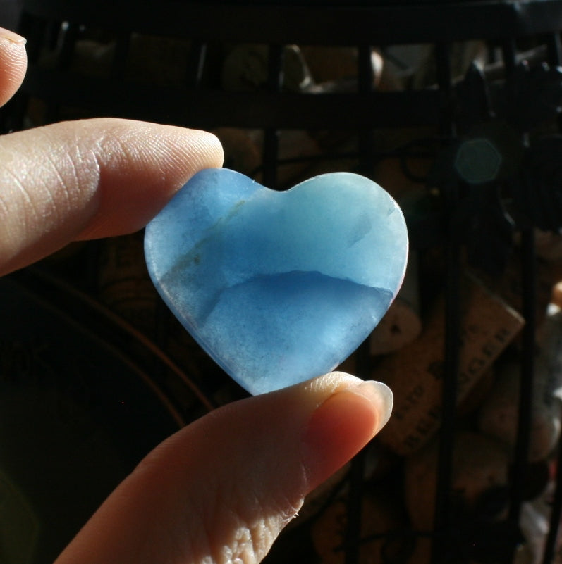 Blue Calcite Heart from Argentina, also called Blue Onyx or Lemurian Aquatine Calcite, MEDH4