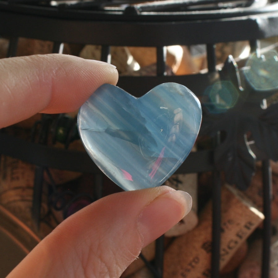 Blue Calcite Heart from Argentina, with Banding also called Blue Onyx or Lemurian Aquatine Calcite, MEDH6