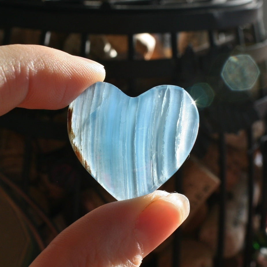 Blue Calcite Heart from Argentina, with Banding also called Blue Onyx or Lemurian Aquatine Calcite, MEDH6
