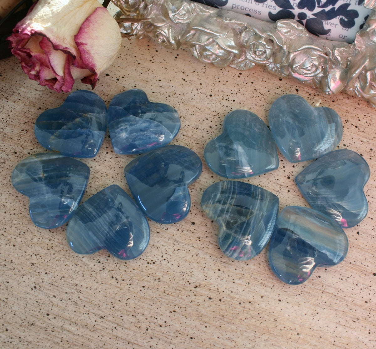 Blue Calcite Heart from Argentina, with Banding also called Blue Onyx or Lemurian Aquatine Calcite, MEDH8