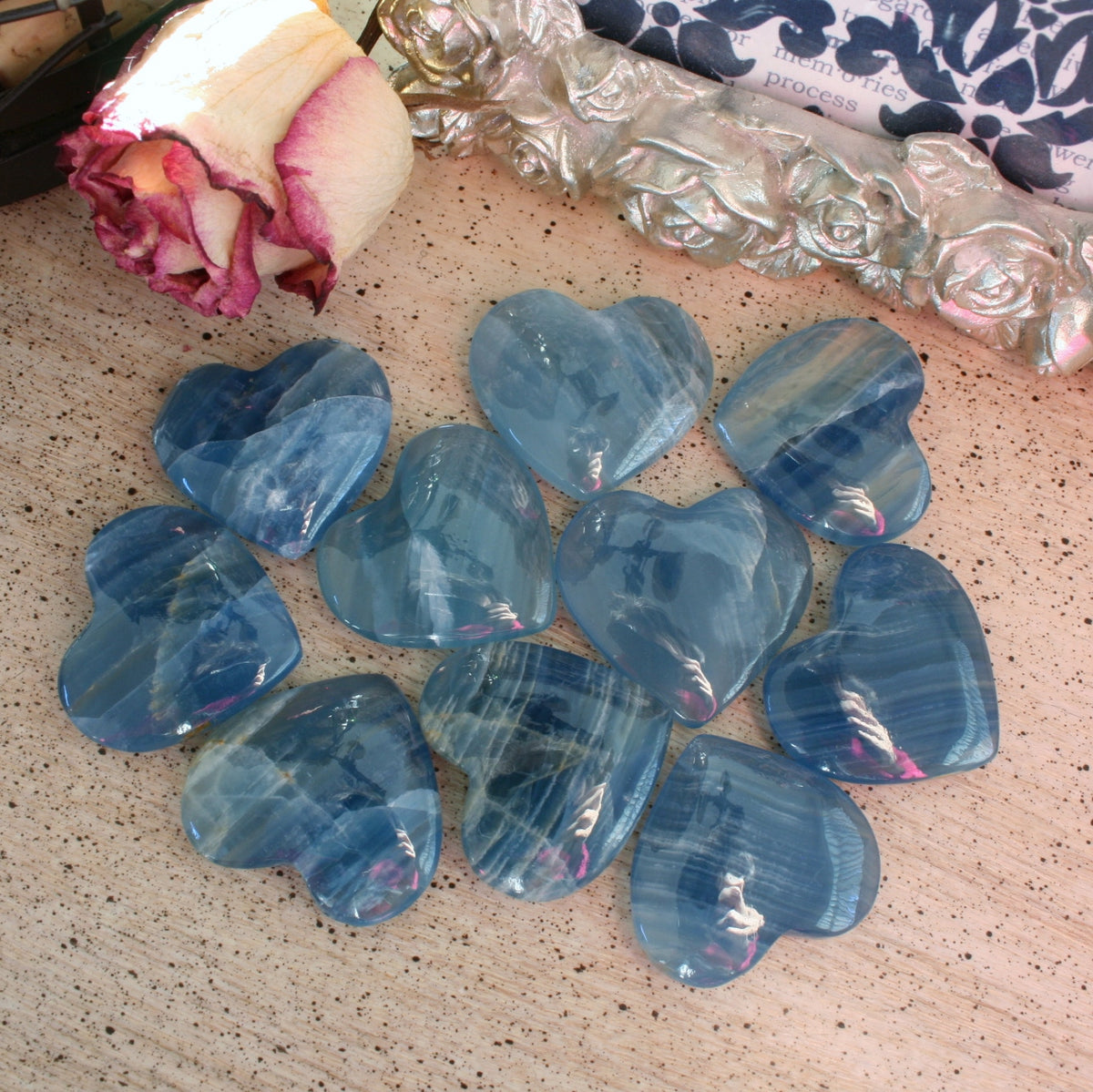 Blue Calcite Heart from Argentina, with Banding also called Blue Onyx or Lemurian Aquatine Calcite, MEDH8