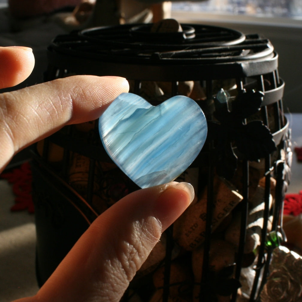 Blue Calcite Heart from Argentina, with Banding also called Blue Onyx or Lemurian Aquatine Calcite, MEDH8