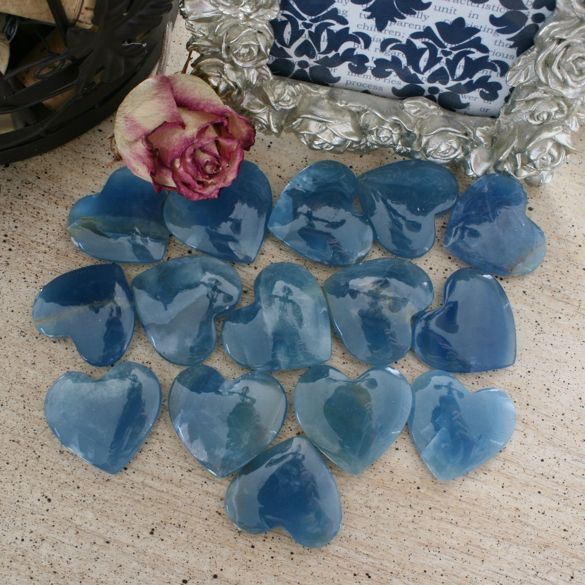 Blue Calcite Heart from Argentina, also called Blue Onyx or Lemurian Aquatine Calcite, LGH4