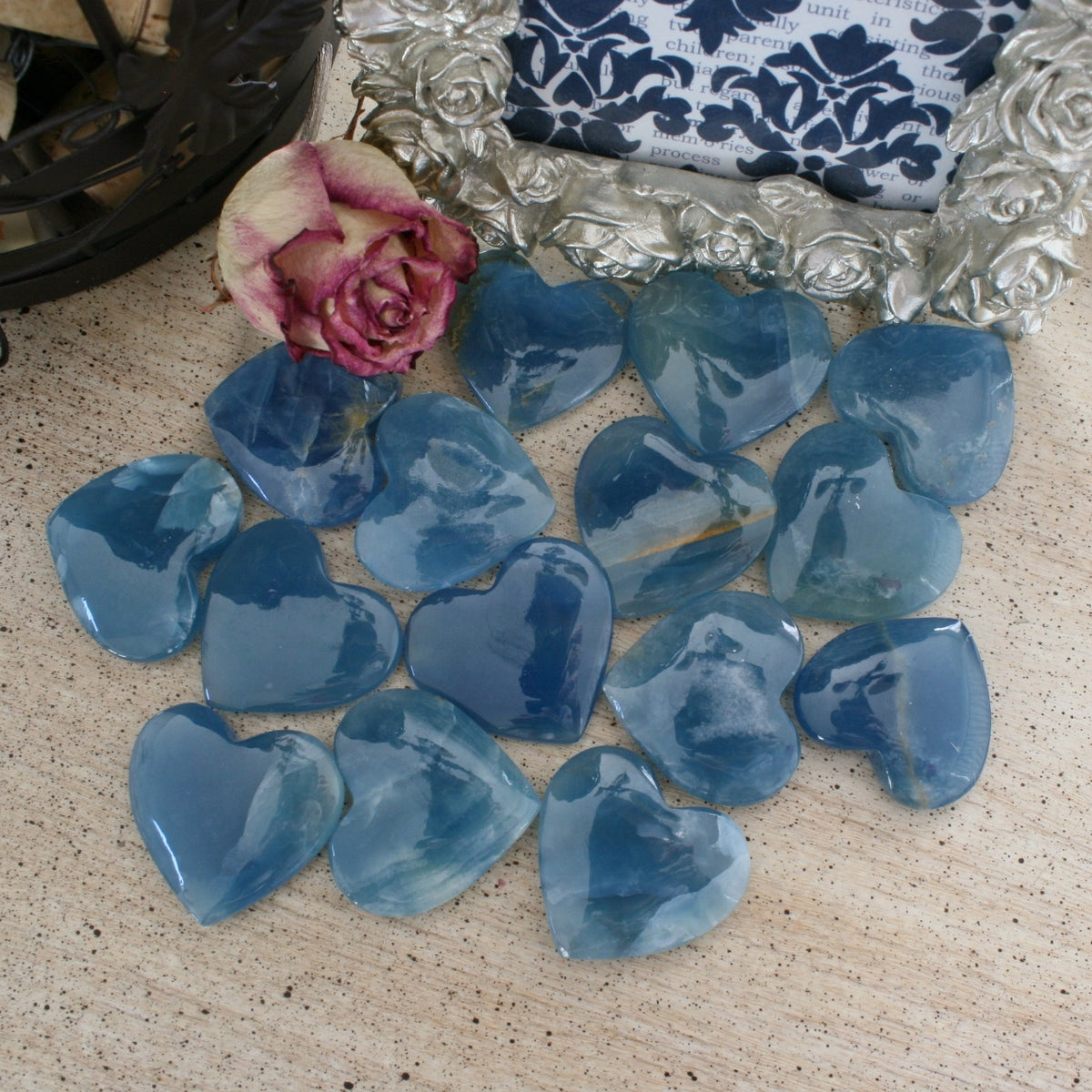 Blue Calcite Heart from Argentina, also called Blue Onyx or Lemurian Aquatine Calcite, LGH4