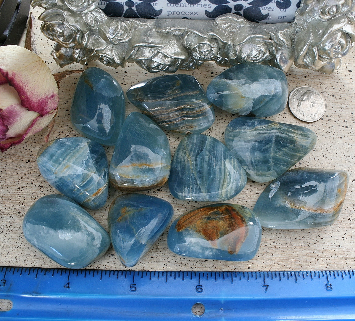 Blue Calcite / Blue Onyx Tumbled Stone from Argentina, also called Lemurian Aquatine Calcite, TUM2