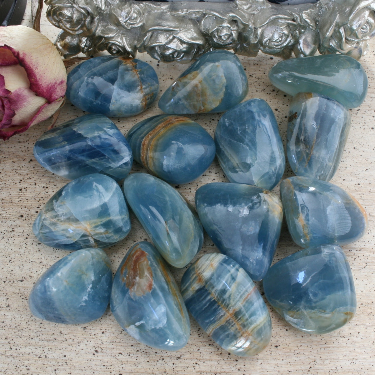 Blue Calcite / Blue Onyx Tumbled Stone from Argentina, also called Lemurian Aquatine Calcite, TUM3