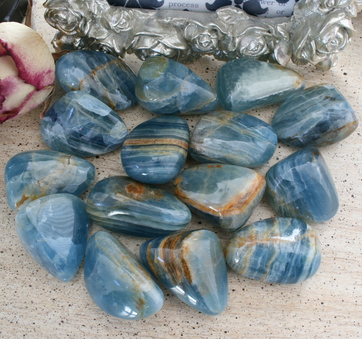 Blue Calcite / Blue Onyx Tumbled Stone from Argentina, also called Lemurian Aquatine Calcite, TUM3