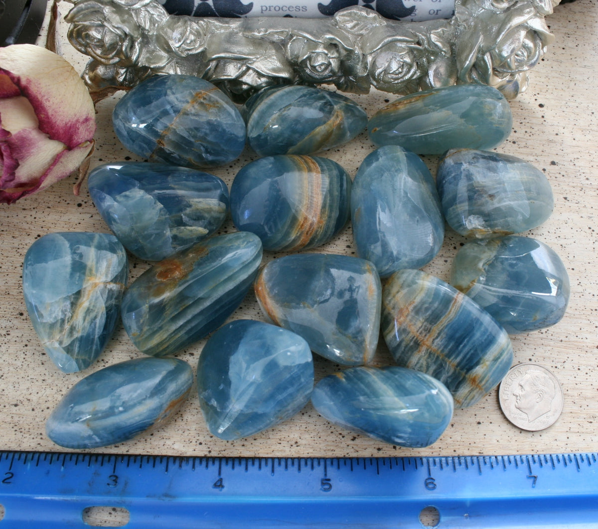 Blue Calcite / Blue Onyx Tumbled Stone from Argentina, also called Lemurian Aquatine Calcite, TUM3