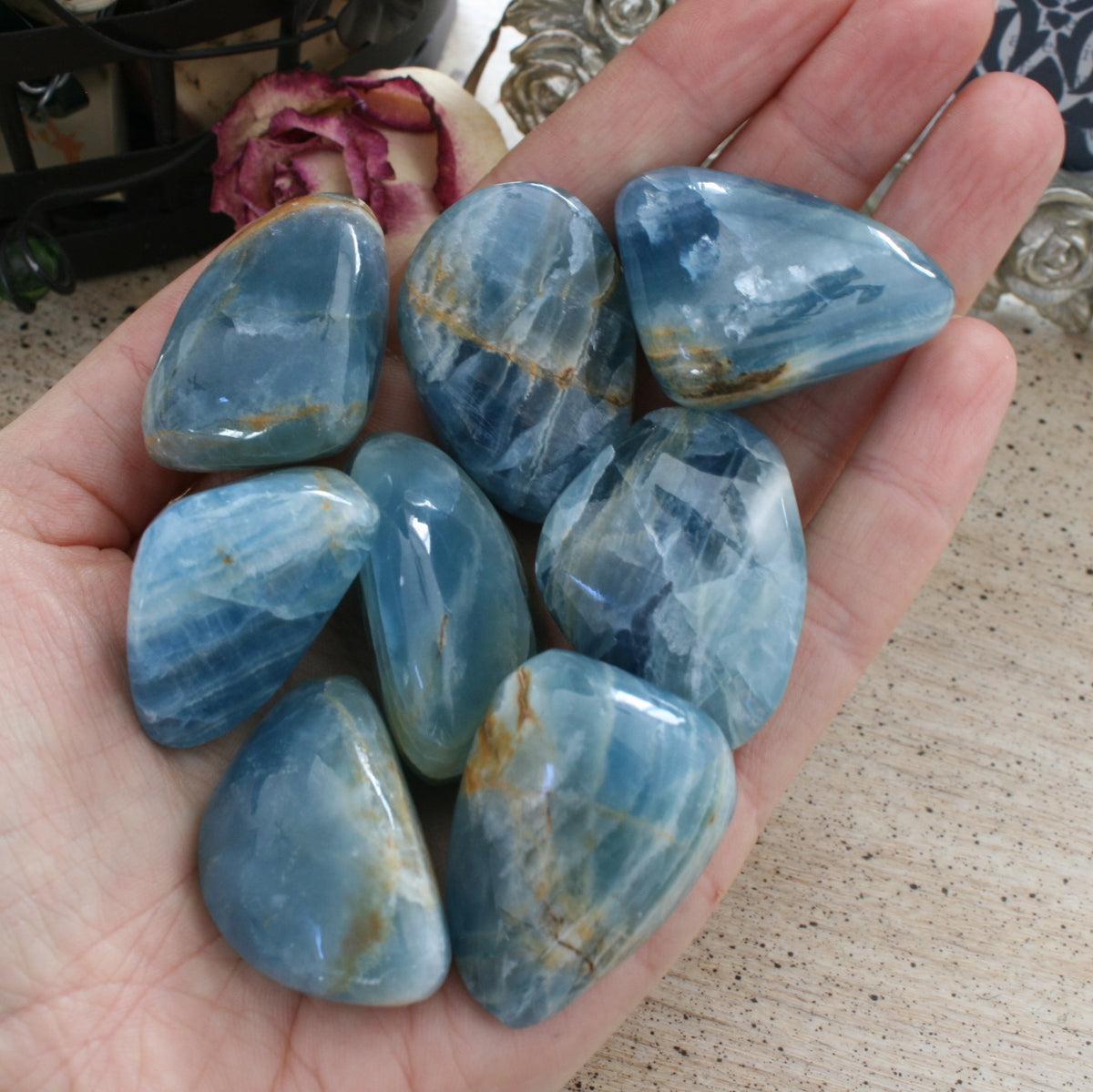 Blue Calcite / Blue Onyx Tumbled Stone from Argentina, also called Lemurian Aquatine Calcite, TUM3