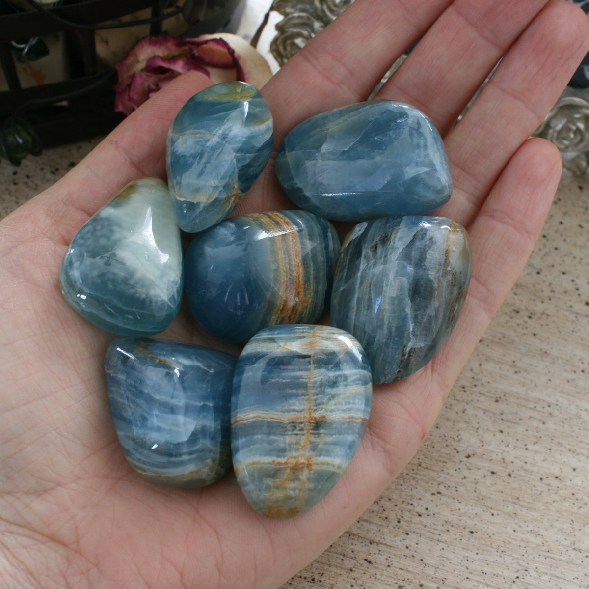 Blue Calcite / Blue Onyx Tumbled Stone from Argentina, also called Lemurian Aquatine Calcite, TUM3