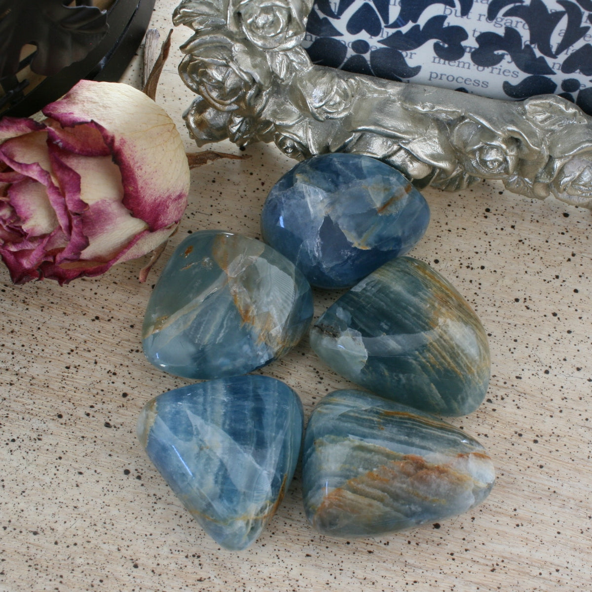 Blue Calcite / Blue Onyx Tumbled Stone from Argentina, also called Lemurian Aquatine Calcite, TUM4