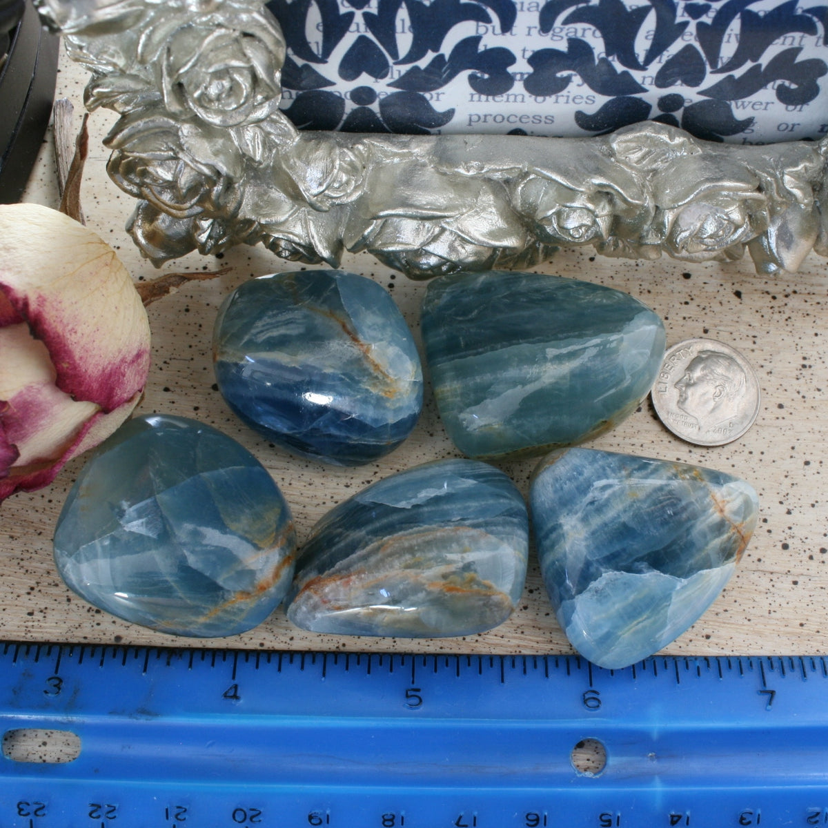 Blue Calcite / Blue Onyx Tumbled Stone from Argentina, also called Lemurian Aquatine Calcite, TUM4