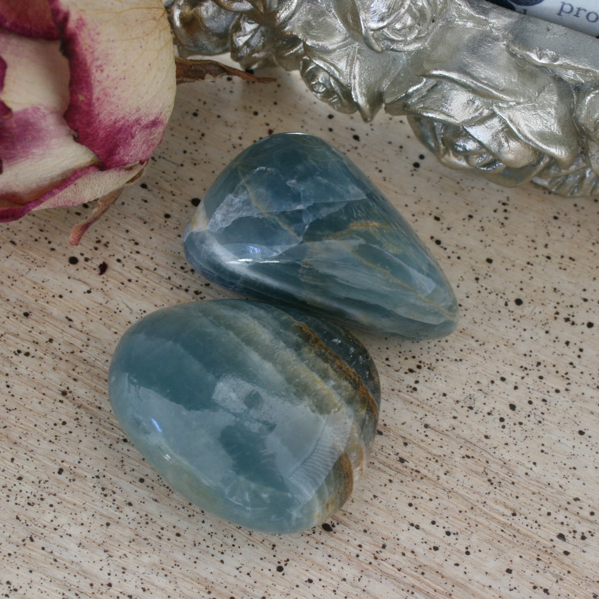 Set of 2 Blue Calcite / Blue Onyx Tumbled Stone from Argentina, also called Lemurian Aquatine Calcite, TUM6