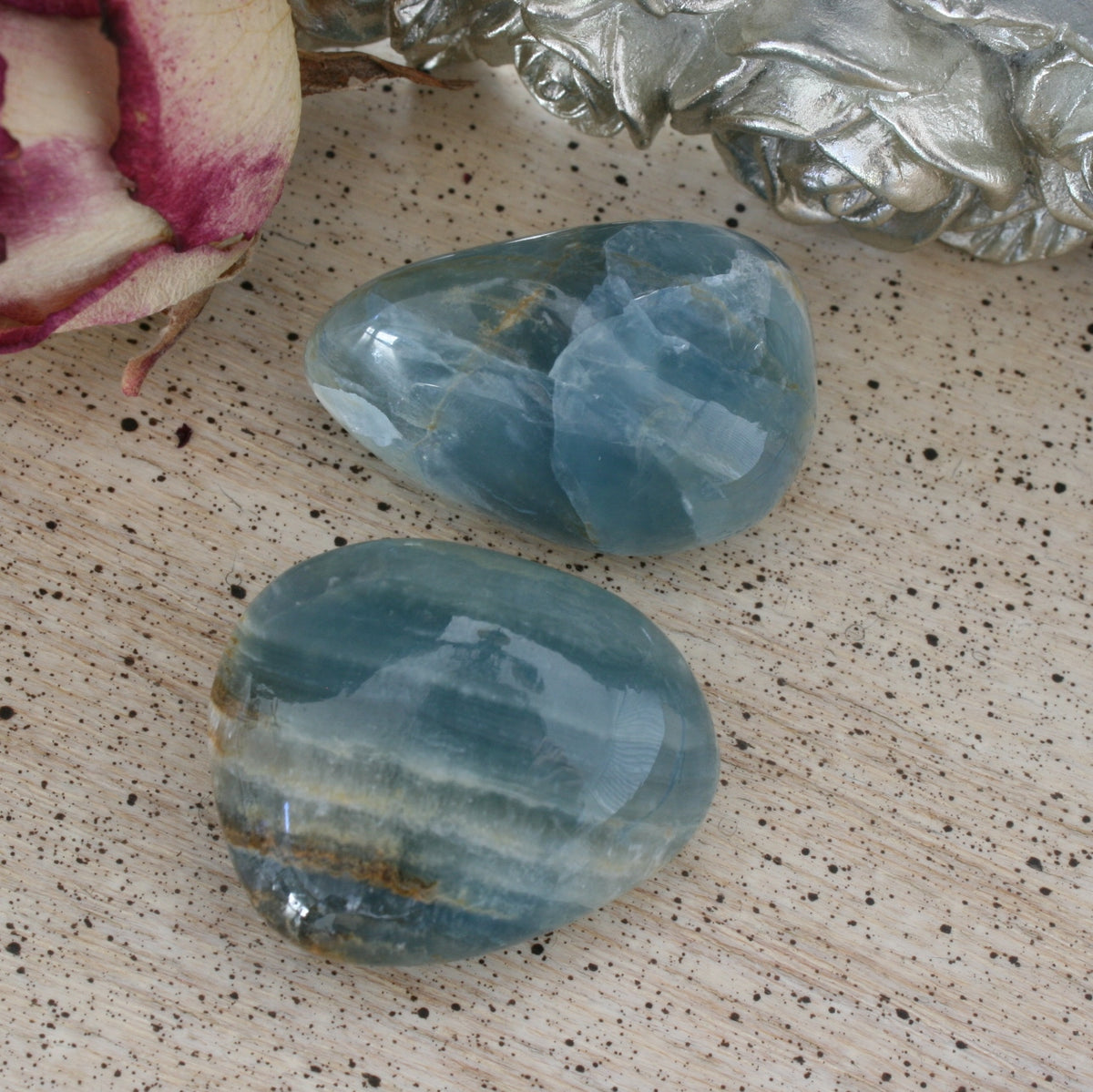 Set of 2 Blue Calcite / Blue Onyx Tumbled Stone from Argentina, also called Lemurian Aquatine Calcite, TUM6