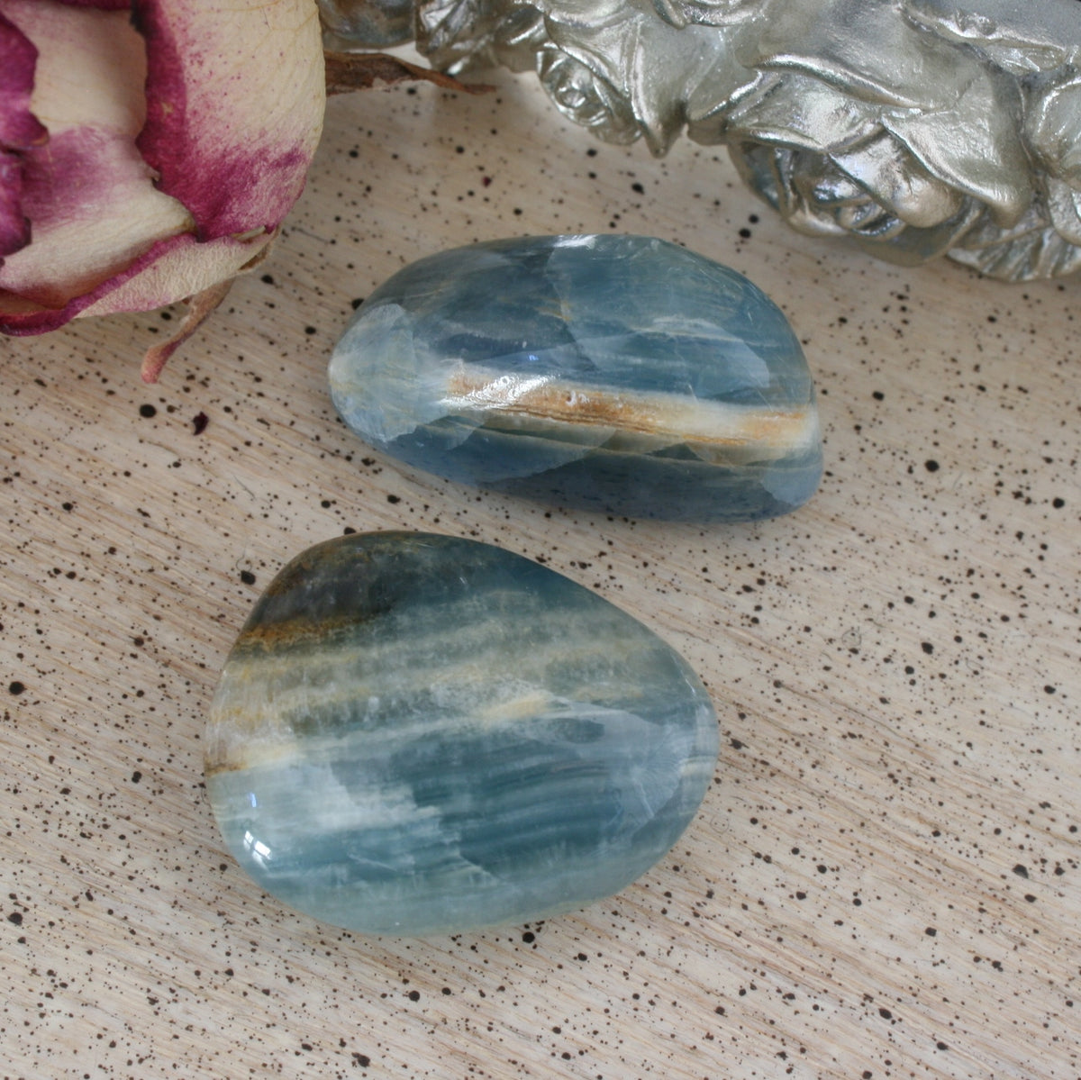 Set of 2 Blue Calcite / Blue Onyx Tumbled Stone from Argentina, also called Lemurian Aquatine Calcite, TUM6