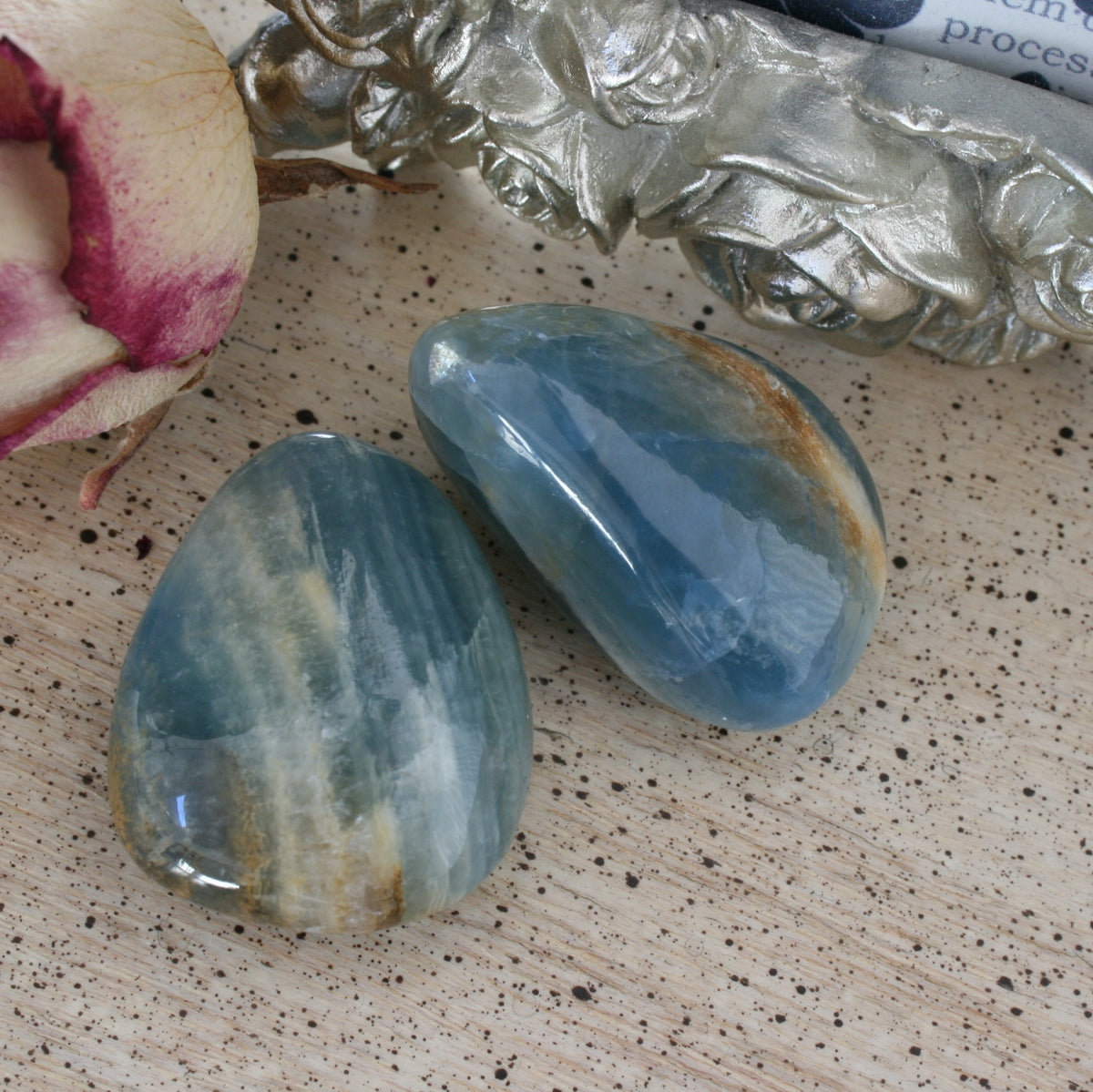 Set of 2 Blue Calcite / Blue Onyx Tumbled Stone from Argentina, also called Lemurian Aquatine Calcite, TUM6